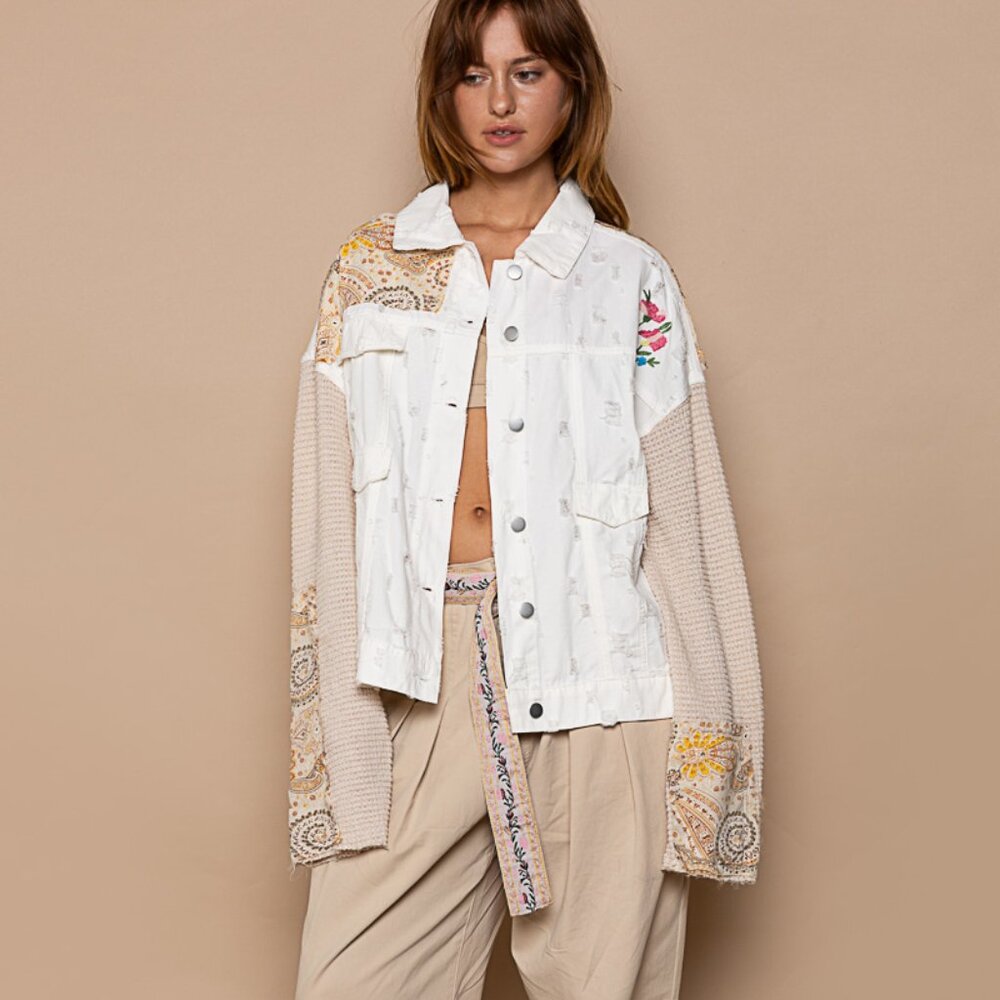POL White Thermal Sleeve Paisley Patch Button Down Shacket Jacket - Picture 2 of 9